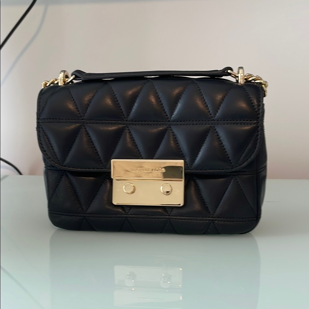 Black Quilted Leather Bag with Gold Accents